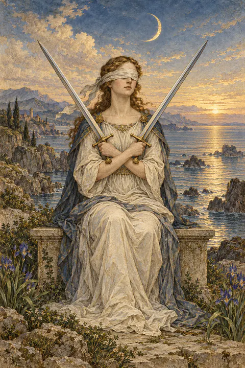 Two of Swords. A woman in a pale robe sits on a stone bench with a blindfold over her eyes. She holds two long swords crossed over her chest, perfectly balanced. Behind her, a calm sea dotted with rocks lies beneath a thin crescent moon.