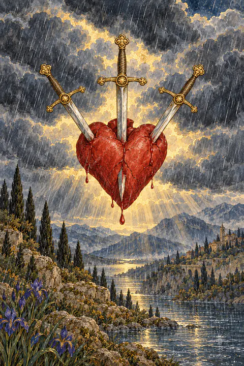 Three of Swords. A bright red heart floats in the air, pierced by three swords. Heavy gray clouds fill the sky behind it and rain falls in steady lines. There are no people in the scene, only the heart and the weather around it.