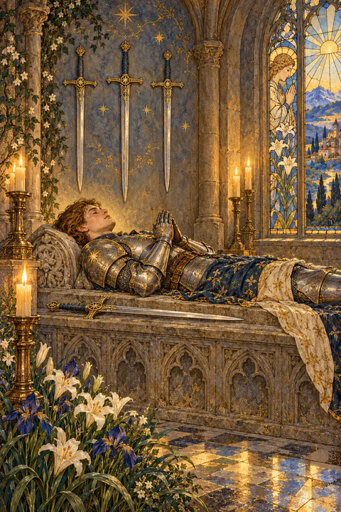 Four of Swords. A knight in armor lies still on a stone tomb inside a quiet church, hands pressed together as if in prayer. Three swords hang on the wall above him, pointing down, and a fourth lies along the side of the tomb. A stained-glass window glows softly in the corner.