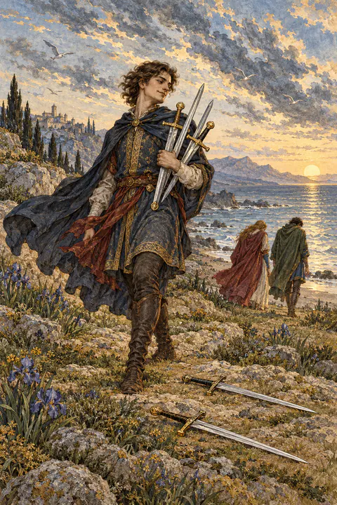 Five of Swords. A figure with a thin smile gathers up swords, holding three while two more lie on the ground. In the distance, two others walk away toward the shore with their heads down. Ragged clouds race across a pale sky.