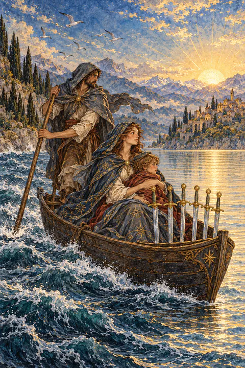 Six of Swords. A ferryman poles a small boat across the water, carrying a cloaked woman and a child. Six swords stand upright in the front of the boat. The water is choppy on one side and smooth on the other as they head toward a distant shore.