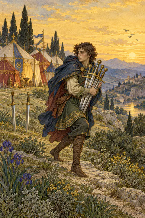 Seven of Swords. A figure tiptoes away from a camp of bright tents, carrying five swords in an awkward bundle and glancing back over one shoulder. Two swords are left standing upright in the ground behind. The sky is a warm yellow.