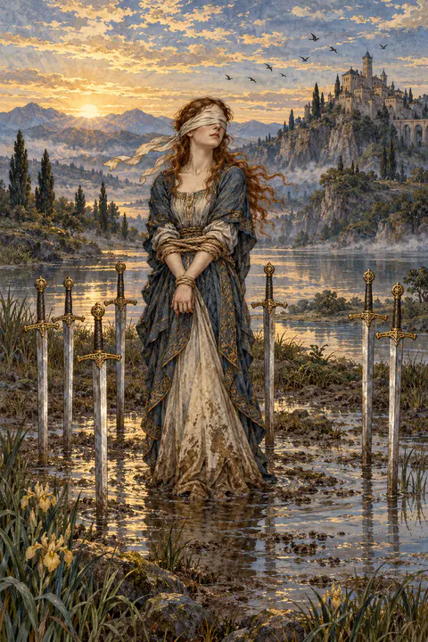 Eight of Swords. A woman stands blindfolded with her arms loosely bound, surrounded by eight swords planted in the ground. Her feet rest in muddy water, and a castle sits on a hill in the distance. There is a clear gap in the swords, if only she could see it.