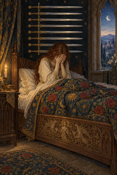 Nine of Swords. A figure sits up in bed in the dark with their face buried in their hands. Nine swords hang horizontally on the black wall behind them. The quilt is patterned with roses and astrological symbols, and a carved scene decorates the side of the bed.