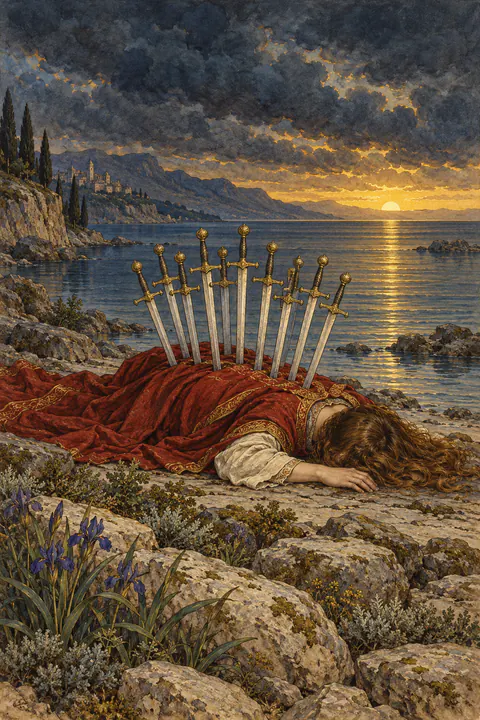 Ten of Swords. A figure lies face down on the shore under a red cloth, with ten swords standing in their back. The sky above is dark, but along the horizon a band of golden light is breaking. The water beyond is calm and still.