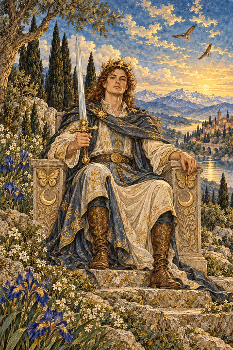 King of Swords. A king sits facing forward on a high throne carved with butterflies and crescent moons. He holds a sword upright, tilted slightly, and gazes directly out at the viewer. Tall trees and a few birds stand against a cloud-streaked sky behind him.