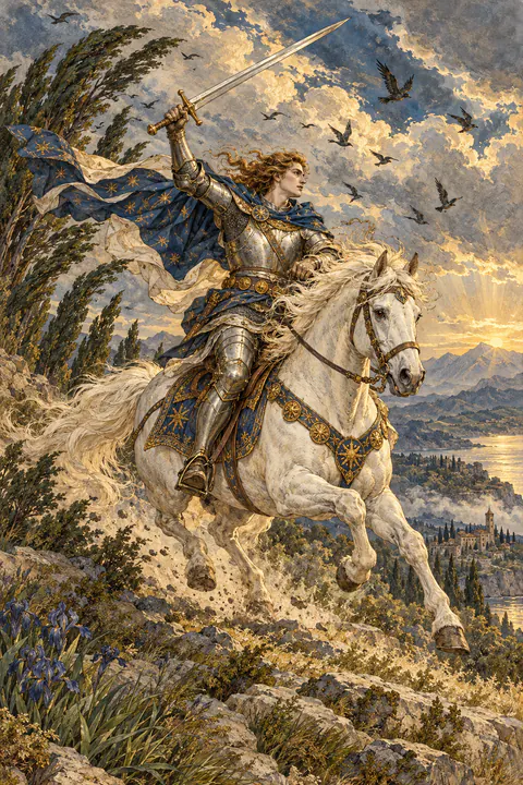 Knight of Swords. An armored knight charges forward on a white horse at full gallop, sword raised high. Trees bend and clouds tear in the strong wind, and birds scatter across the sky. Horse and rider lean hard into the rush of motion.