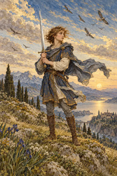 Page of Swords. A young figure stands on uneven ground holding a sword upright with both hands, looking alert and ready. The wind tosses their hair and the clouds, and birds wheel in the sky. They glance to one side, curious and watchful.