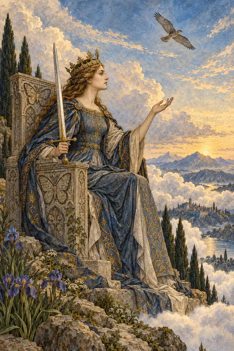 Queen of Swords. A queen sits on a tall stone throne carved with butterflies, seen in profile and looking thoughtfully ahead. She holds a sword upright in one hand and lifts the other in an open gesture. Clouds gather below her, and a single bird flies high above.