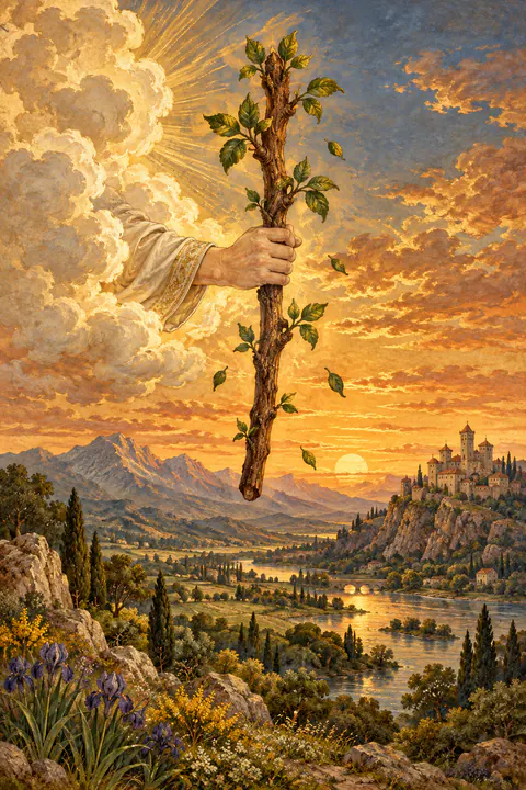 Ace of Wands. A hand emerges from a bright cloud gripping a single living wand, with fresh leaves sprouting along its length and a few drifting loose in the air. Below, a green valley runs toward a river, distant mountains, and a castle on a hill.