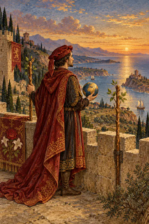 Two of Wands. A man in a red hat and cloak stands on castle battlements holding a small globe in one hand and a wand in the other. A second wand is fixed to the wall beside him as he looks out over land and sea.