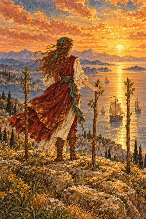 Three of Wands. A figure seen from behind stands on a cliff, one hand resting on a wand, with two more wands planted in the ground nearby. Below, ships sail across a golden sea toward distant mountains.