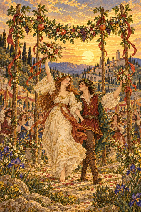 Four of Wands. Four wands stand in the foreground joined by a garland of flowers and fruit, forming a festive gateway. Beyond it, two figures raise bouquets in celebration, with a crowd and a castle behind them.