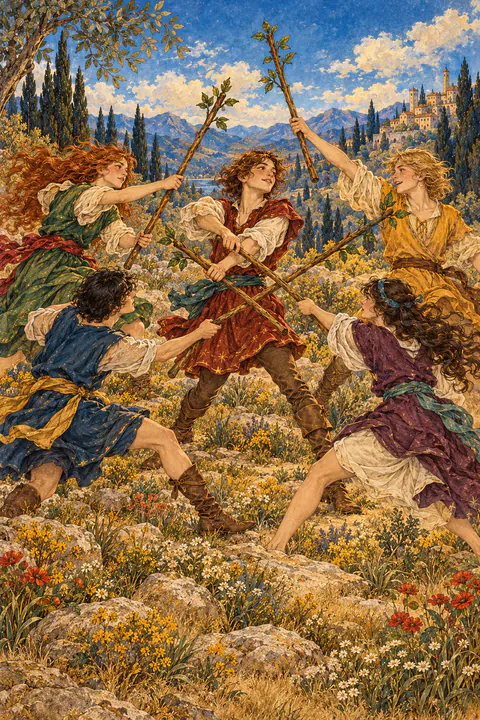 Five of Wands. Five young people in different colored clothing swing their wands at one another in a chaotic tangle. It is unclear whether they are fighting, practicing, or playing a rough game.
