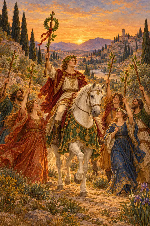 Six of Wands. A rider on a white horse wears a laurel wreath and carries a wand topped with another wreath. Around him, people on foot hold five more wands high as they cheer his return.