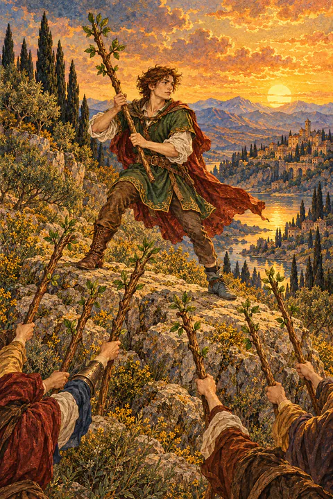Seven of Wands. A man on high ground grips a single wand defensively as six more wands rise toward him from below. He wears mismatched shoes, as if he was caught off guard but decided to stand firm anyway.