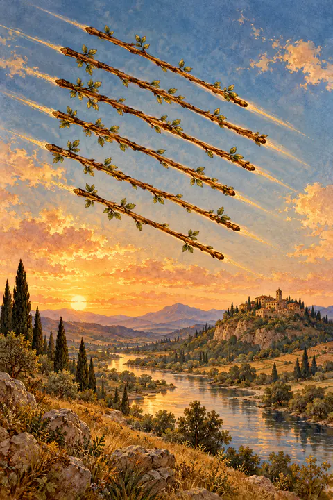 Eight of Wands. Eight wands fly diagonally through a clear sky in parallel, sprouting small leaves as they travel. Beneath them, a river winds through open countryside toward a hill.