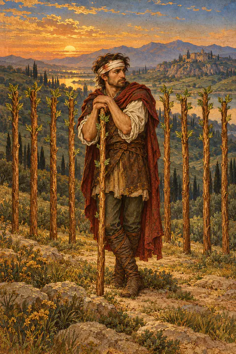 Nine of Wands. A man with a bandaged head leans on a wand and glances warily to one side. Behind him, eight more wands stand upright in a row like a fence.