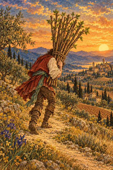 Ten of Wands. A man staggers forward under a heavy bundle of ten wands, his face hidden behind them. He walks toward a town in the distance, determined to deliver his load.