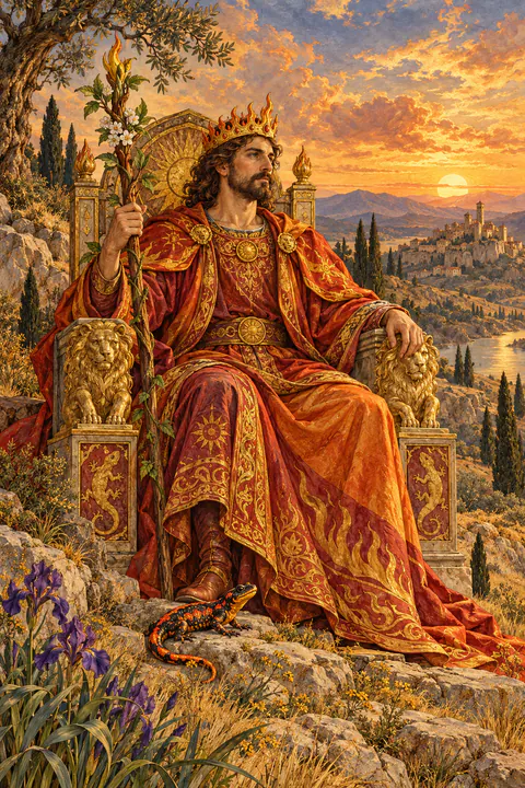 King of Wands. A king sits on a throne decorated with lions and salamanders, holding a flowering wand and looking outward as if surveying his plans. A small salamander rests at his feet, and his robes glow with fiery colors.