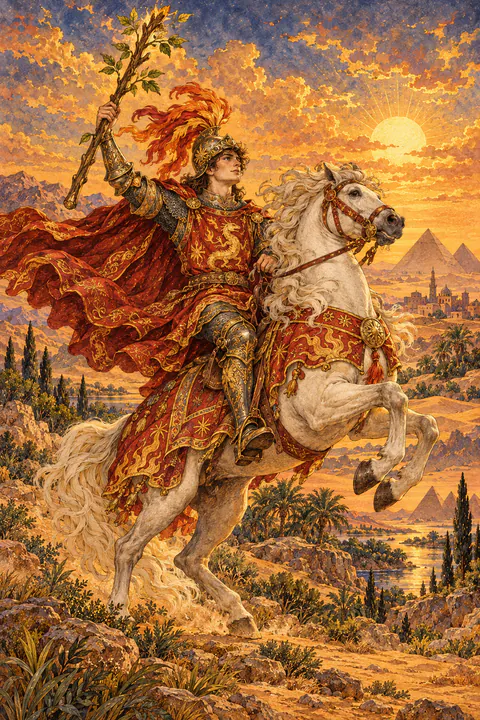 Knight of Wands. A knight in armor and a salamander-patterned tunic rides a rearing horse across the desert, wand raised. Flame-like plumes stream from his helmet as he charges forward in full motion.