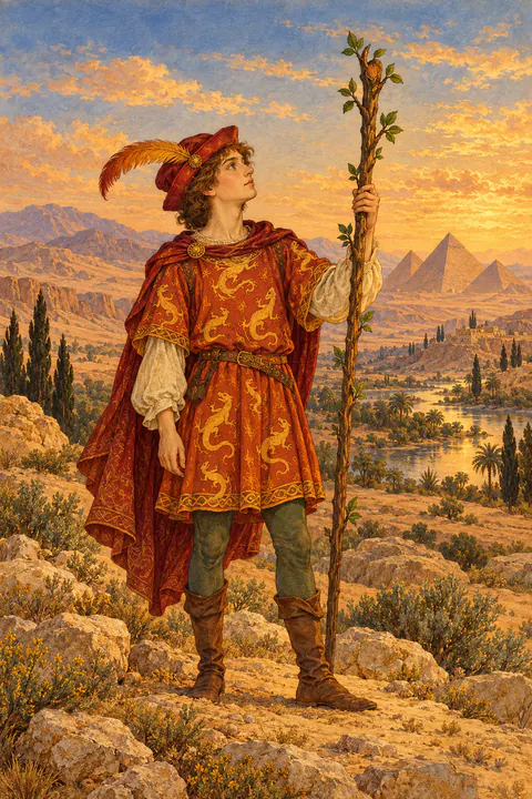 Page of Wands. A young person in a tunic patterned with salamanders stands in a desert landscape, holding a tall wand and gazing up at it with curiosity. Pyramid-like hills rise in the distance under a clear sky.