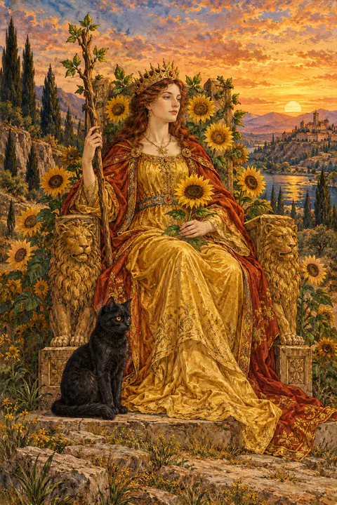 Queen of Wands. A queen sits on a throne carved with lions, holding a wand in one hand and a sunflower in the other, her gaze calm and self-possessed. A black cat sits at her feet, and sunflowers decorate the throne behind her.